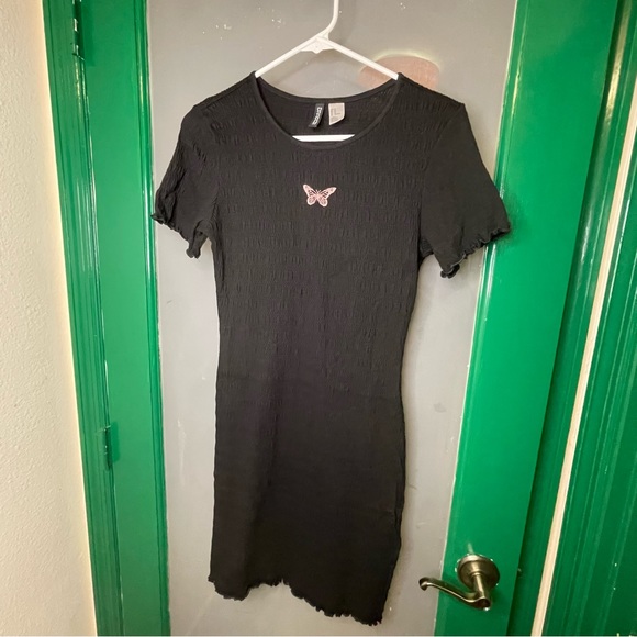 SOLD Black Mini Dress with Pink Butterfly Embroidery by H&M - Picture 3 of 6